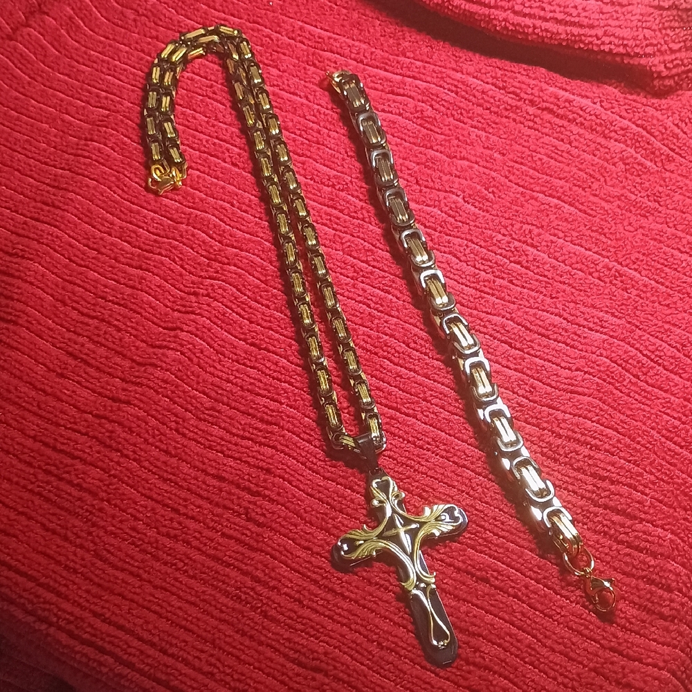 Gold and Silver Cross Necklace and Bracelet Set